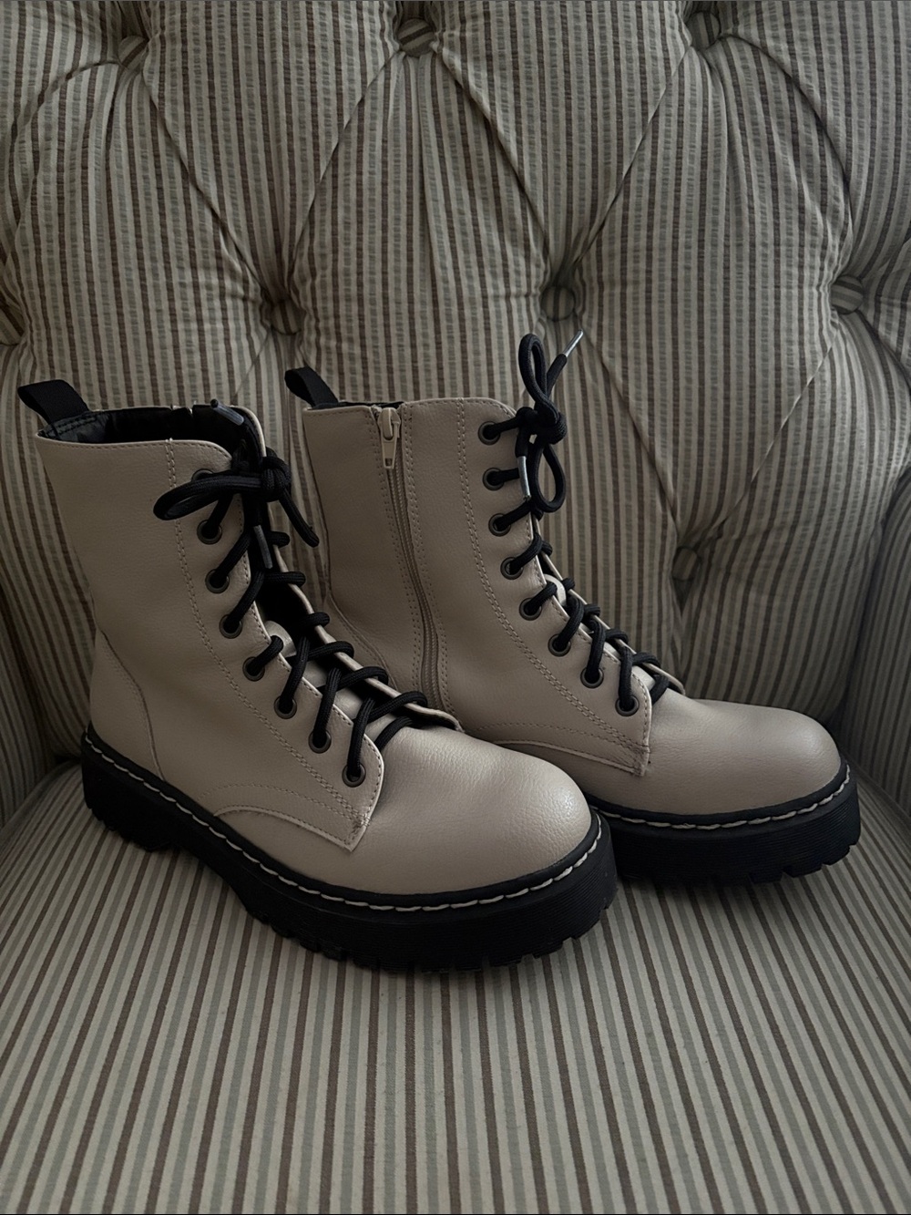 Sincerly Jules Tan Lace-Up Platform Combat Boots with Black Trim